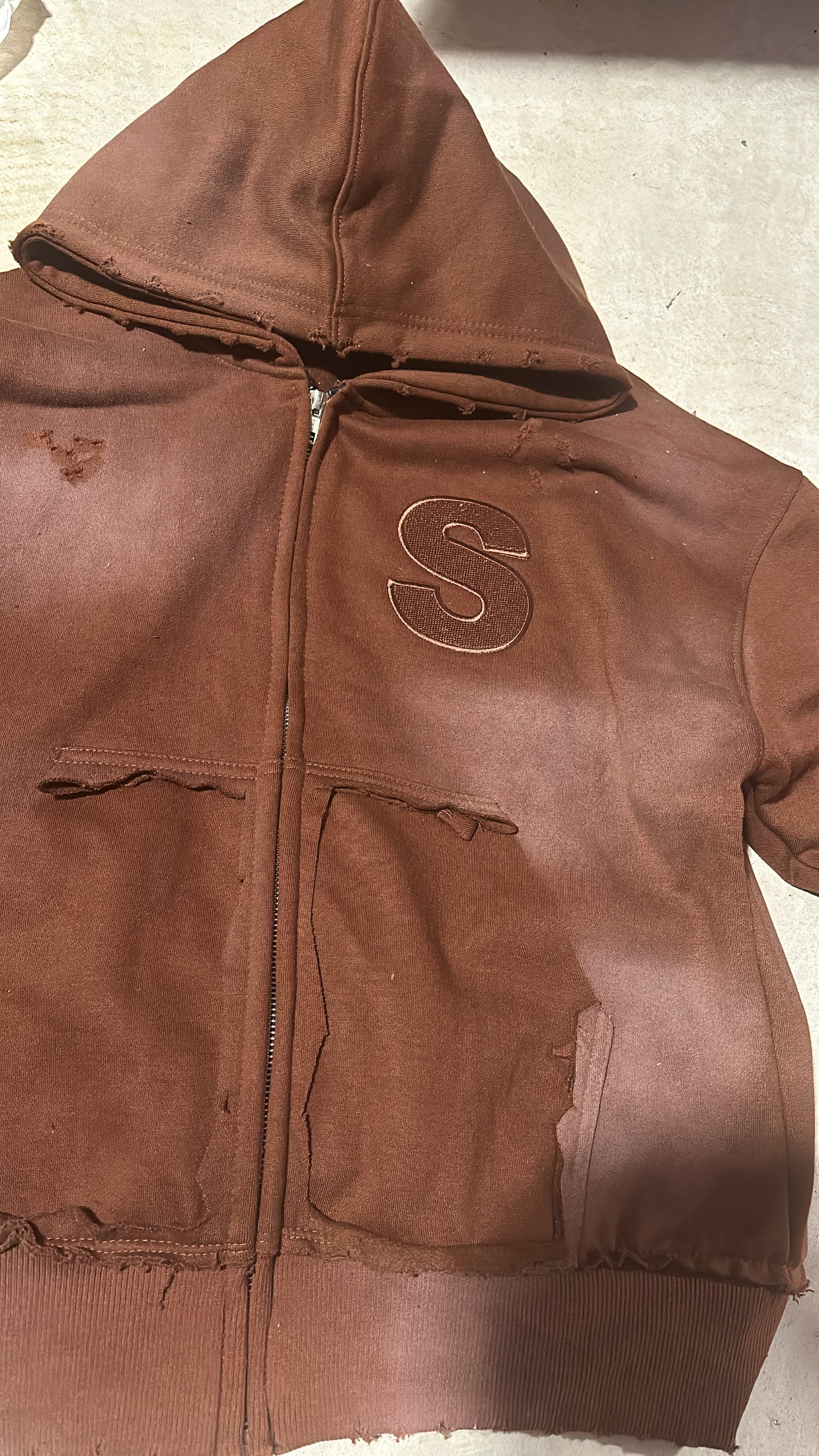 Brown Ripped Zip Hoodie