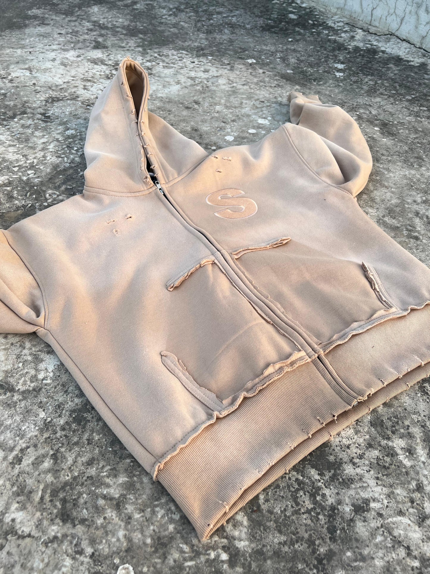 Crème Ripped Zip Hoodie
