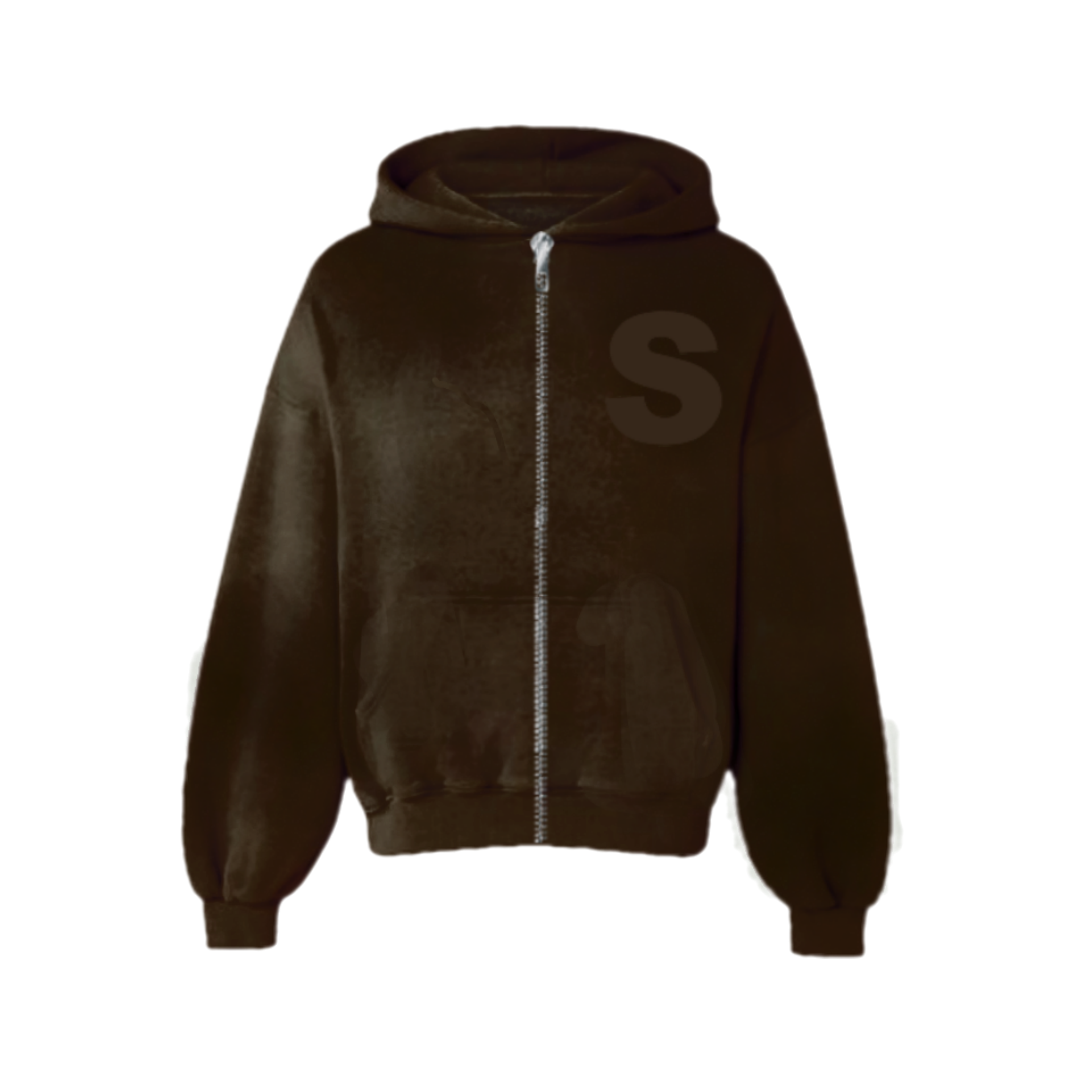 Brown Ripped Zip Hoodie